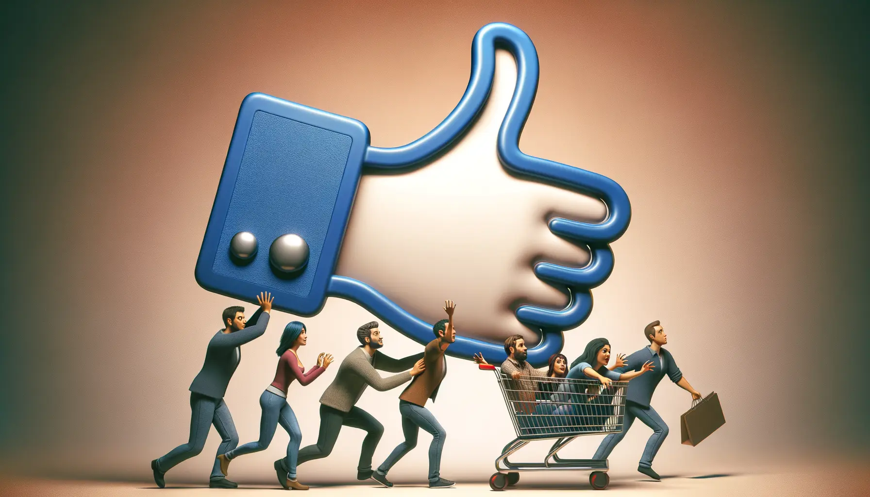 Make a graphic of the Facebook like thumbs up symbol grabbing humans and putting them in a shopping cart. make the people scared