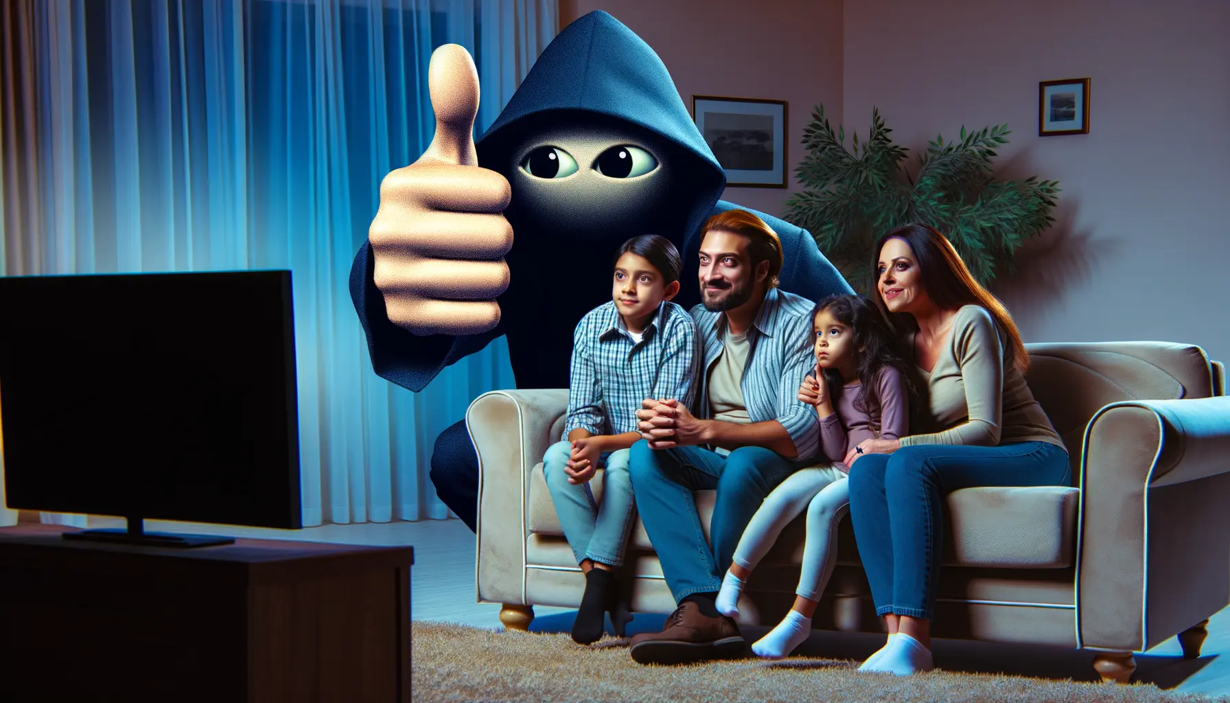 Make a graphic of the Facebook like thumbs up symbol spying on your family while you're watching TV.
