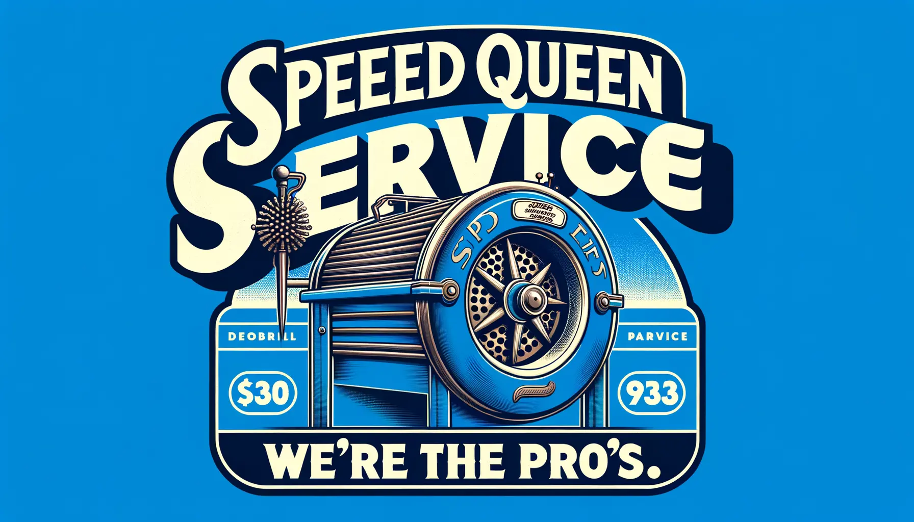 I need a banner that says &quot;Speed Queen Service. We're The Pro's.&quot; Make sure Speed Queen Service. We're The Pro's is spelled correctly. Put it on a blue background. Make it feel old timey and add an old wringer washer to the image.